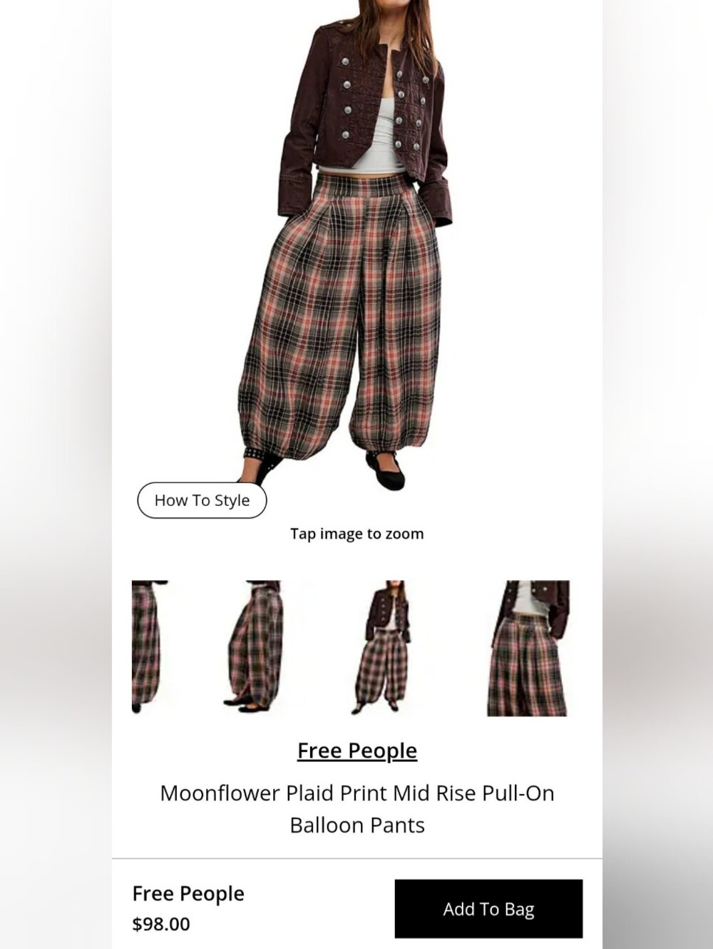 Free People Plaid Balloon Pants in Brown and Pink